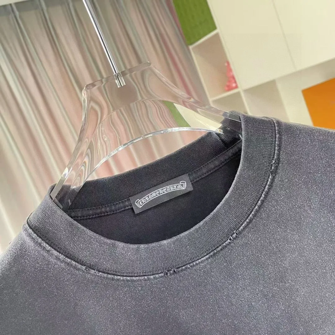 🅿️190 ch Crow* 2025 summer new style, washed, distressed, spray-painted, Sanskrit cross print, short-sleeved T-shirt, customized fabric 320g, same style for men and women, size: S M L XL XXL five sizes, color: black, gray, gradient black, gradient red